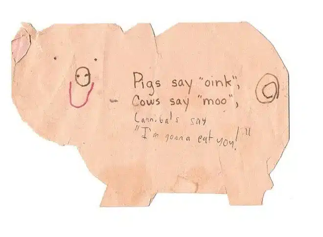 Funny-Kids-Valentine-Note-3 Valentine’s Day note from a child listing animal sounds, including a playful twist with “cannibals say ‘I’m gonna eat you’”