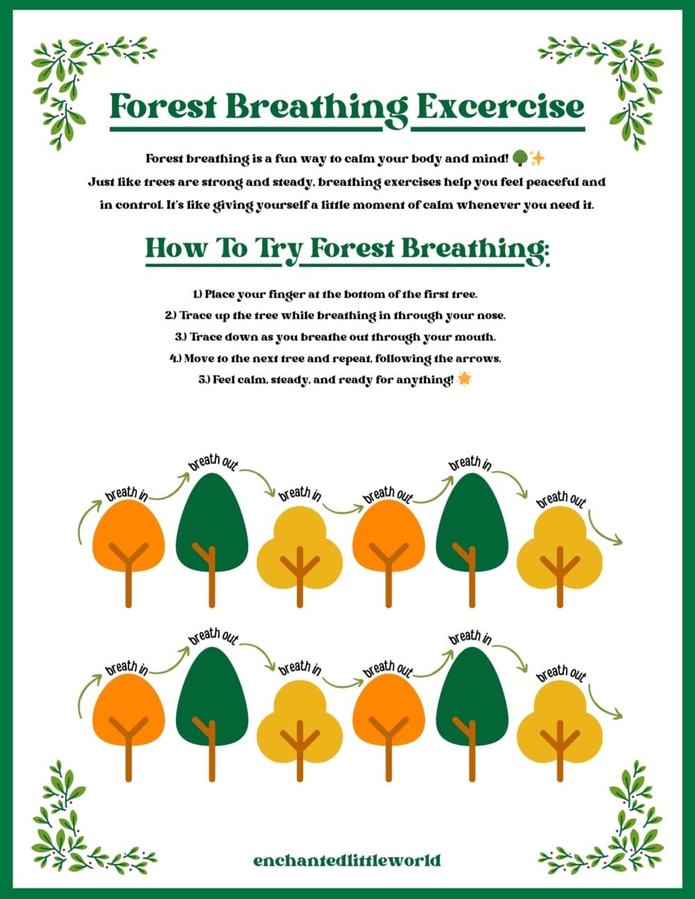 Forest-Breathing-Exercise-Free-Printable-For-Kids Illustrated mindful breathing printable for children with forest trees and breathing prompts