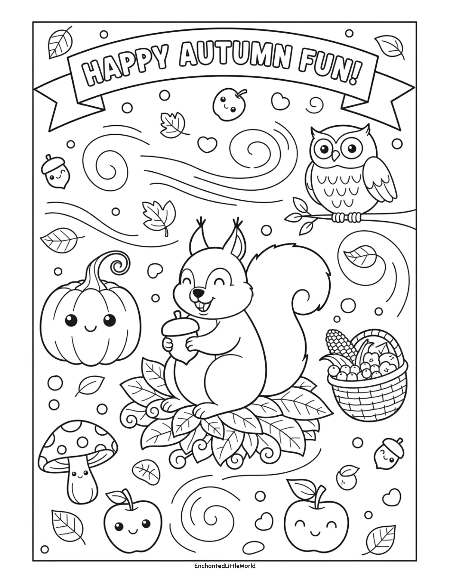 Free-Printable-Autumn-Coloring-Page-3 Happy autumn fun coloring page with squirrel pumpkins apples swirling leaves and owl for kids