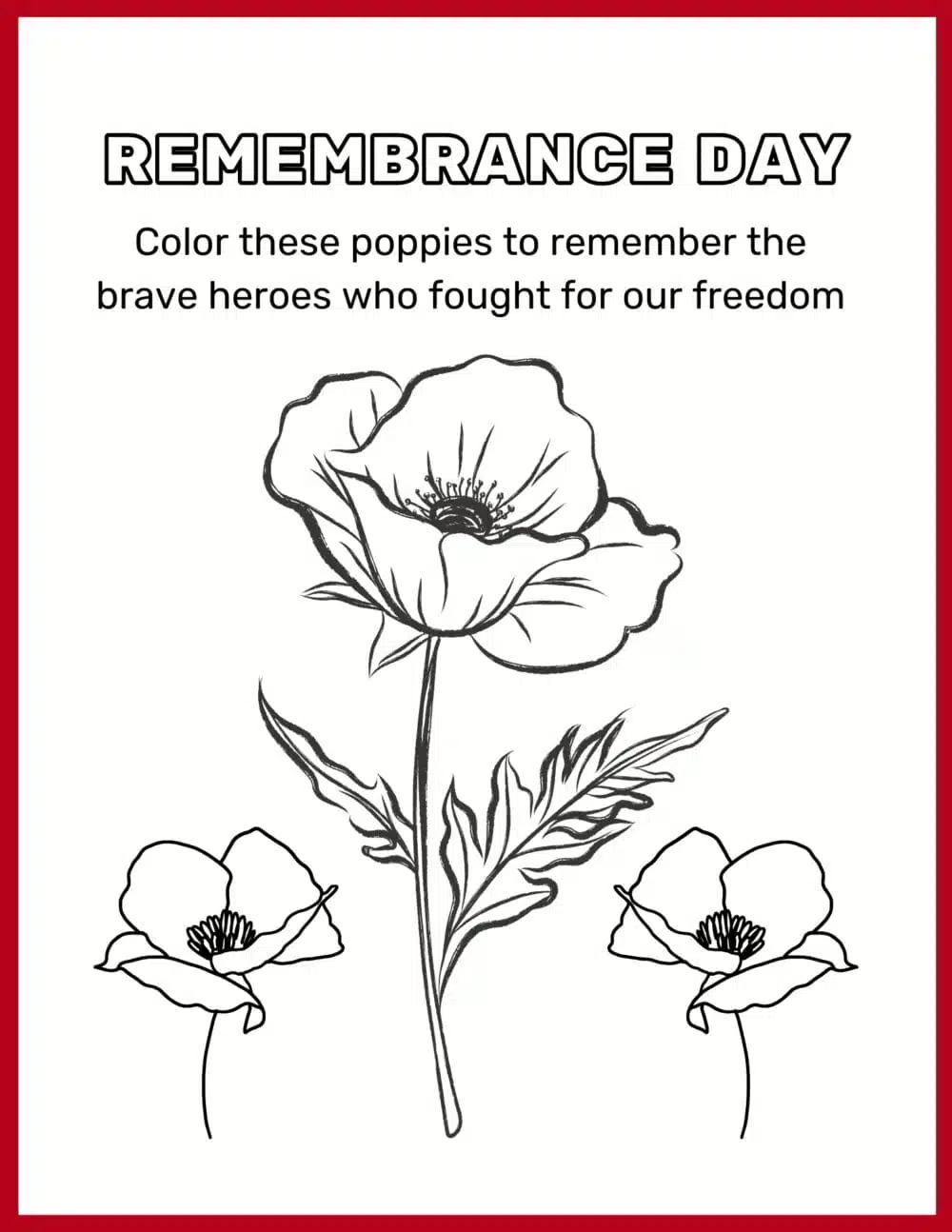 Free-Printable-Remembrance-Day-Coloring-Activity.jpg Free printable coloring page of poppies for Remembrance Day to honor heroes and teach children about the importance of Remembrance Day