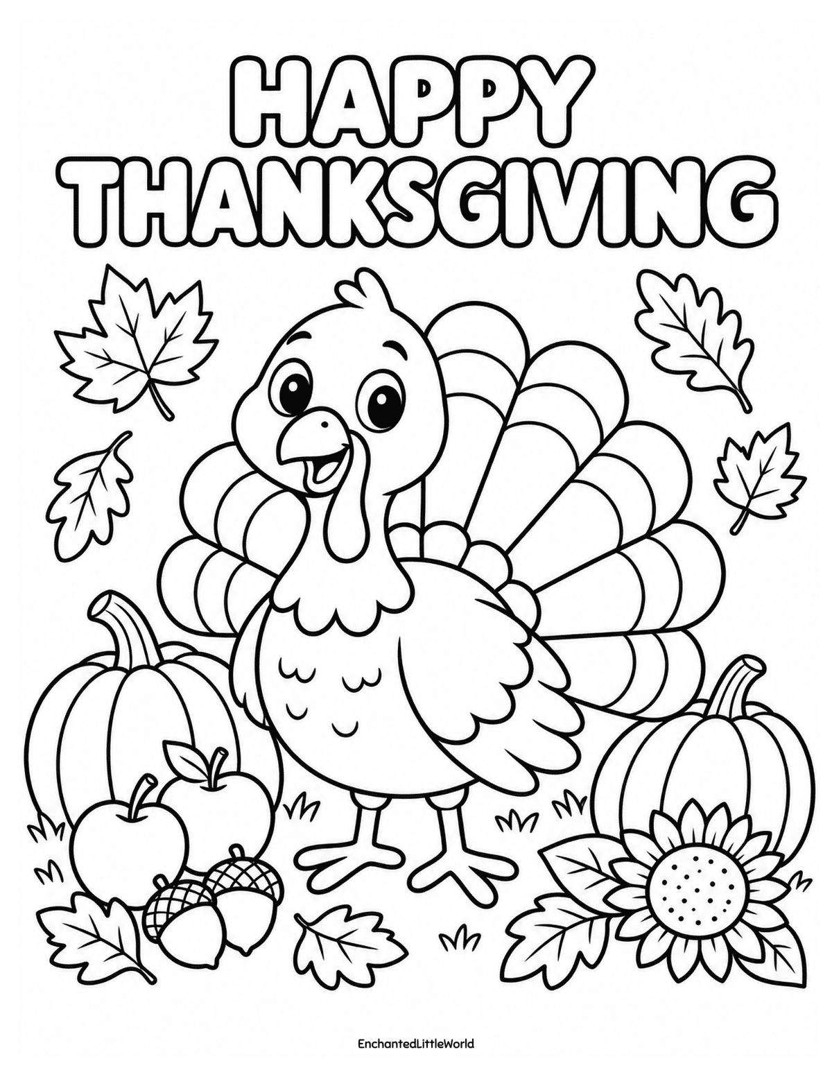 free-printable-thanksgiving-coloring-page-for-kids-2 β’ Enchanted Little World autumn coloring page with fox owl hedgehogs squirrel swirling leaves and woodland branches fall coloring sheet for kids