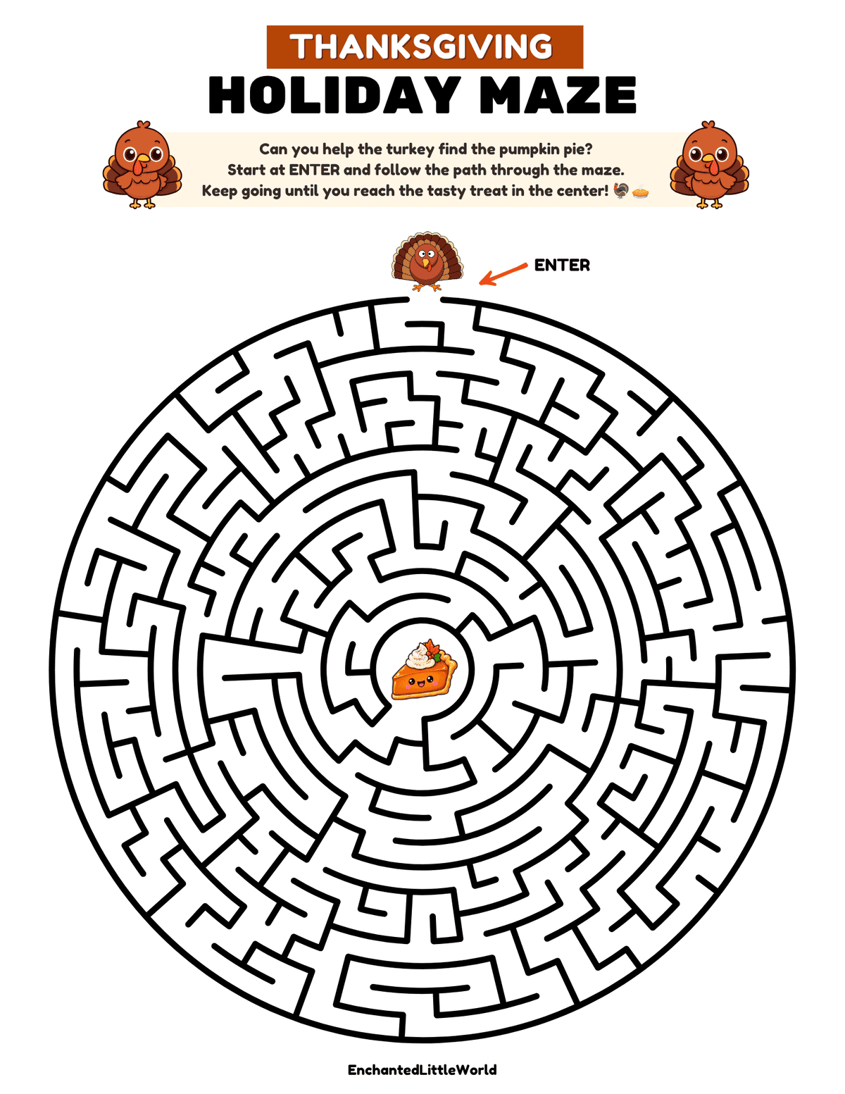 Free-Thanksgiving-Maze-Activity-For-Kids • Enchanted Little World free thanksgiving turkey maze printable for kids showing a turkey trying to reach a slice of pie