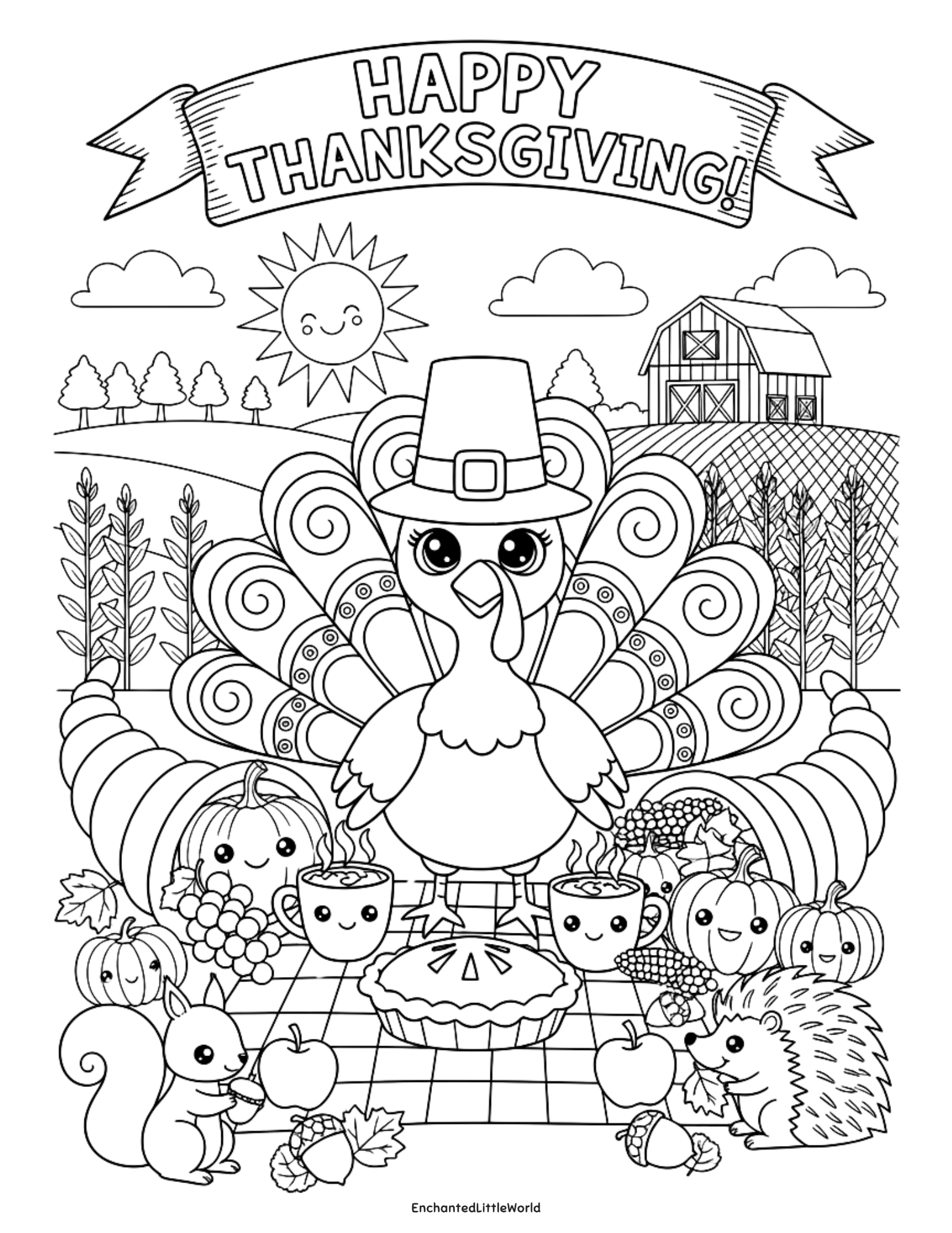 free-thanksgiving-coloring-page-9-kids-printable Free Thanksgiving coloring page with a cute turkey and festive farm-themed details