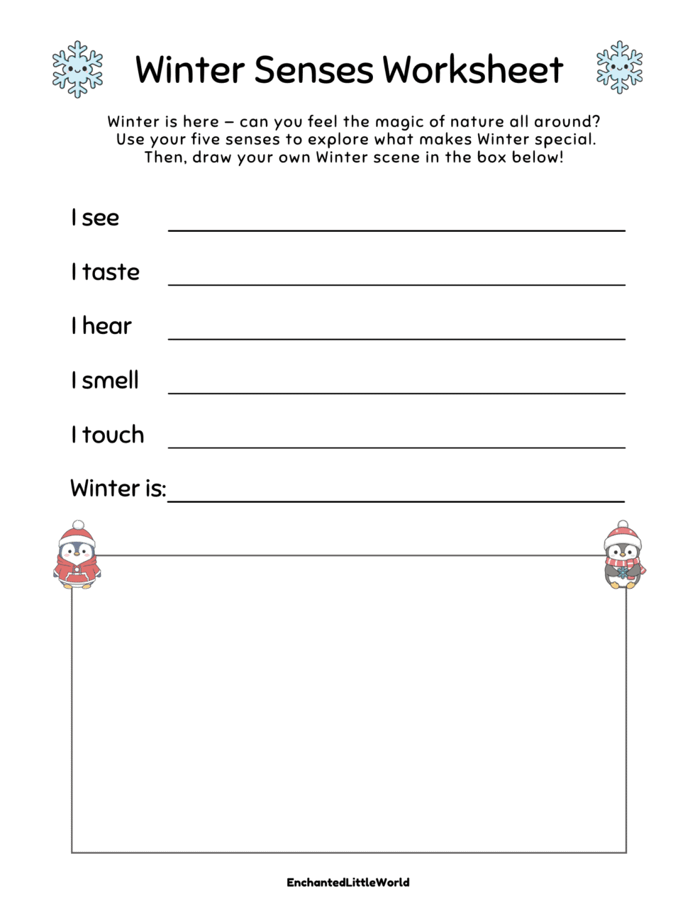 Free Printable Winter Five Senses Worksheet • Enchanted Little World