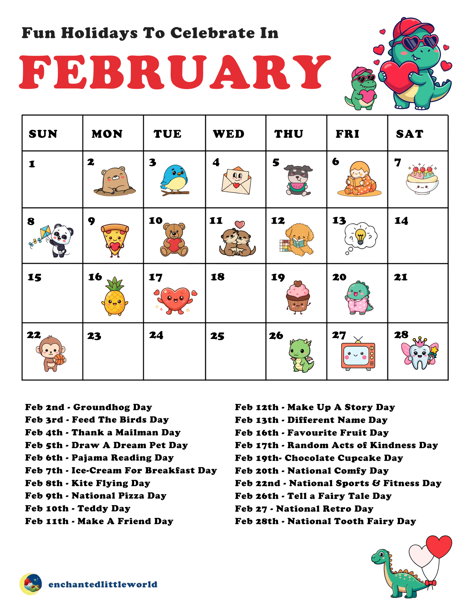 Free-Printable-February-Calendar-For-Kids-Fun-Holidays A free printable February calendar for kids that celebrates fun holidays in February. It is a February 2026 calendar for kids titled "Fun Holidays To Celebrate In FEBRUARY." The top of the page features two cute penguins in winter gear. Below the calendar grid is a list of 20+ silly holidays including Groundhog Day, National Pizza Day, and Random Acts of Kindness Day. The Enchanted Little World logo is at the bottom.