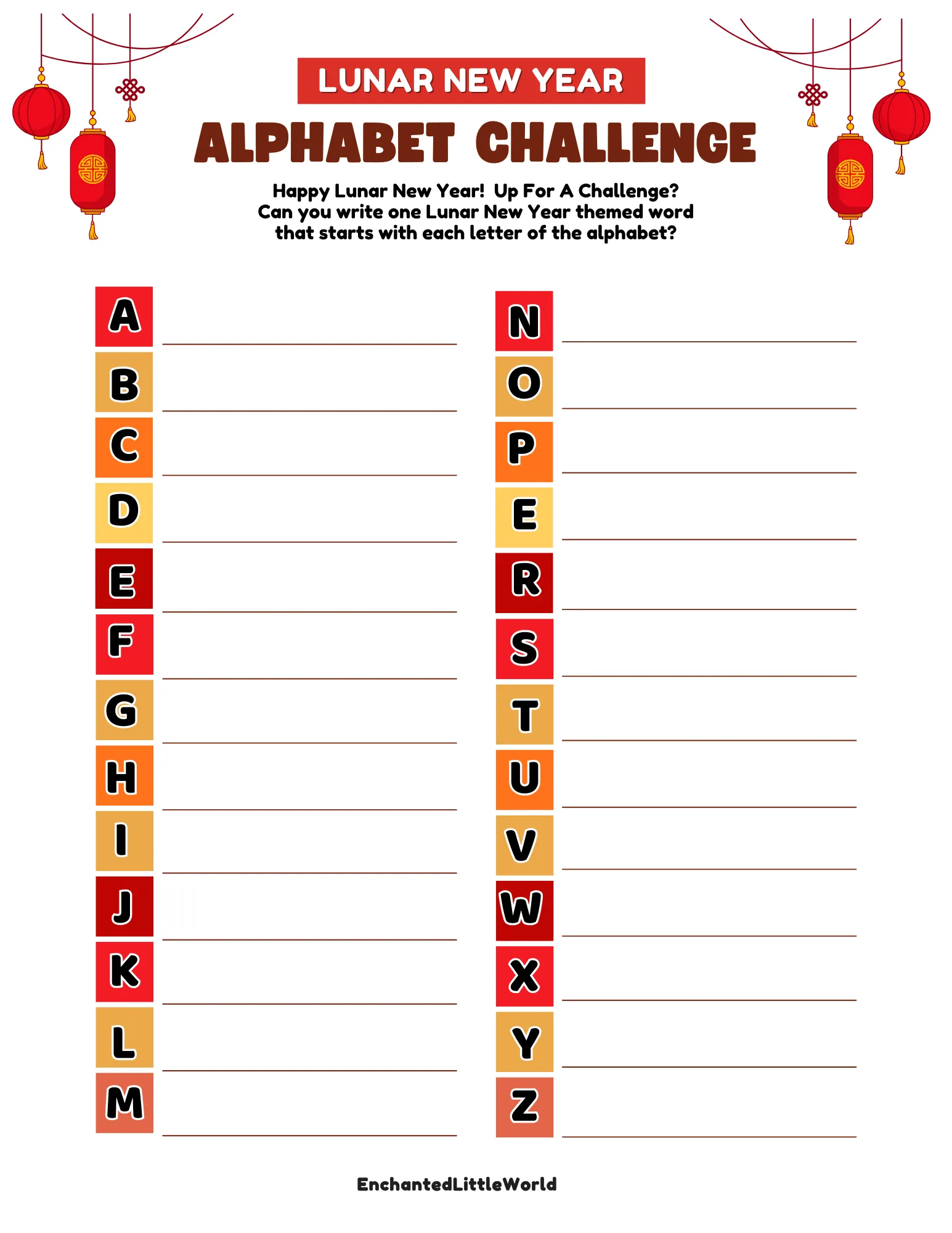 Free-Printable-Lunar-New-Year-Word-Game Free Printable Lunar New Year Word Search for kids from Enchanted Little World. The image features a festive red-bordered activity page with a grid of letters and a list of holiday-themed words like "Horse," "Lantern," and "Firecracker." It highlights the educational value of this high-quality literacy resource and emphasizes how easy it is to download and print for instant classroom or home use with no sign-up required.