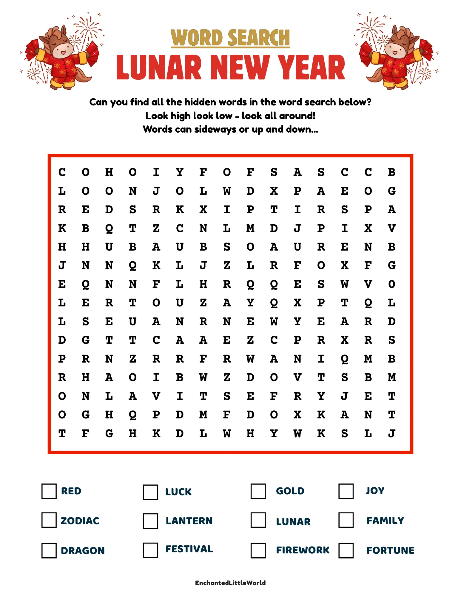 Free-Printable-Lunar-New-Year-Word-Search Free Printable Lunar New Year Word Search for kids from Enchanted Little World. The image features a festive red-bordered activity page with a grid of letters and a list of holiday-themed words like "Horse," "Lantern," and "Firecracker." It highlights the educational value of this high-quality literacy resource and emphasizes how easy it is to download and print for instant classroom or home use with no sign-up required.