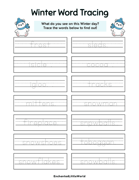 Free Printable Winter Words Tracing • Enchanted Little World