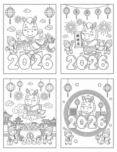 A cheerful horse stands behind a large pot of gold coins with two children in traditional Chinese dress picking up lucky symbols. This high-value printable is a professional-grade PDF for the 2026 Chinese New Year, designed for a cozy and heart-centered holiday activity that is easy to print at home.