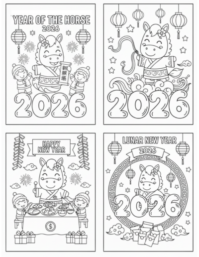 A happy, cartoon horse wearing a traditional robe holds a festive lantern while standing on top of large "2026" numbers surrounded by stars and hanging lanterns. This high-value printable is a professional-grade PDF for the Year of the Horse, providing a cozy and intentional morning activity for the classroom.