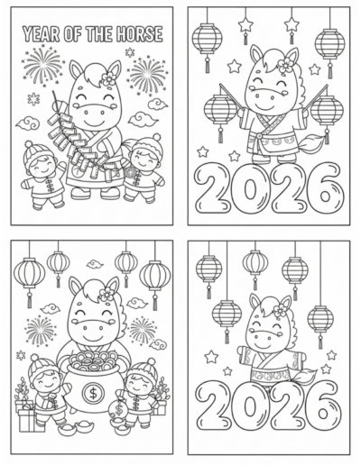 A cute, cartoon-style horse stands between two young children in winter clothing, holding a long string of traditional firecrackers under a "Year of the Horse" banner. This high-value printable is a professional-grade PDF for 2026, offering a cozy and easy-to-download Lunar New Year coloiring activity for teachers and parents.