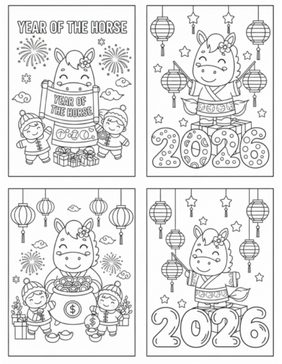 A cute horse wearing a decorative saddle stands centered between large floral-patterned "2026" numbers and hanging lanterns. This high-value printable provides a cozy, heart-centered coloring experience with no sign-up required for the full 10-page PDF download.