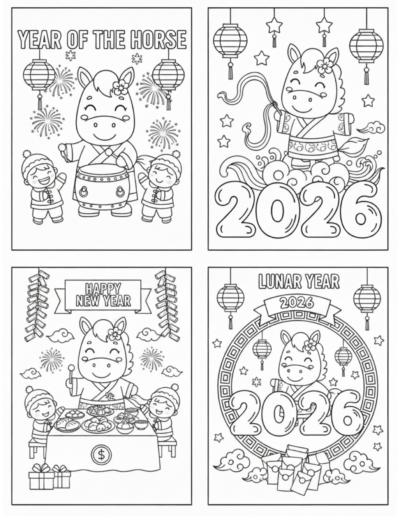 stylized horse stands centered within an intricate circular frame featuring geometric Chinese patterns, lanterns, and firecrackers. This high-value printable provides a professional-grade coloring experience for the 2026 holiday, making it easy for parents and teachers to download and print high-quality art instantly.
