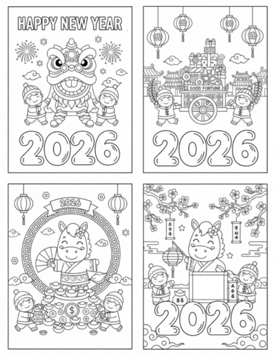 A cute, smiling horse stands proudly in front of a large circular Chinese zodiac frame decorated with traditional patterns. This high-value printable is a professional-grade PDF designed for the 2026 Lunar New Year, offering a cozy and intentional way for children to learn about the Year of the Horse.