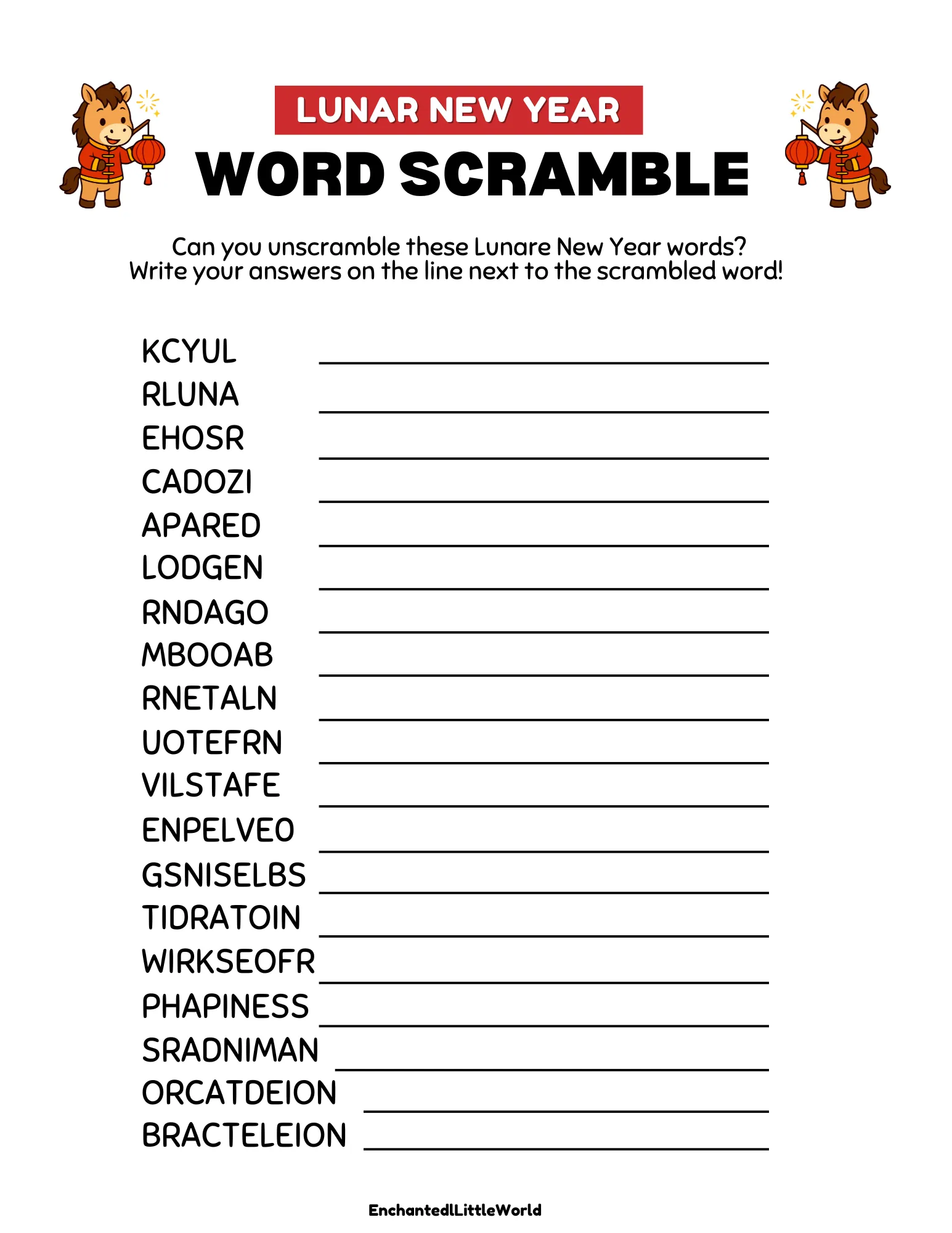 free-printable-Lunar-New-Year-word-scramble Free Printable Lunar New Year Word Search for kids from Enchanted Little World. The image features a festive red-bordered activity page with a grid of letters and a list of holiday-themed words like "Horse," "Lantern," and "Firecracker." It highlights the educational value of this high-quality literacy resource and emphasizes how easy it is to download and print for instant classroom or home use with no sign-up required.