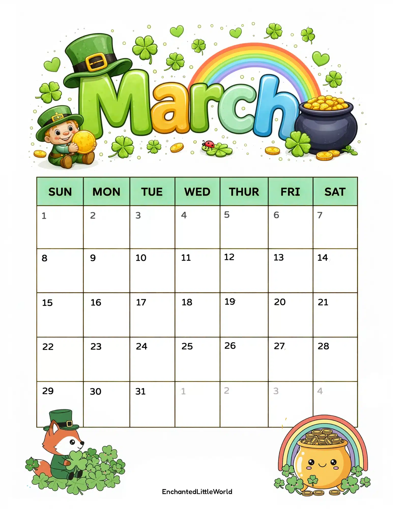 Free-Blank-March-Calendar-For-Kids A vertical free printable blank March 2026 calendar for kids with large daily squares for writing. The page features a festive St. Patrick's Day theme with a colorful rainbow, a lucky pot of gold, and a cheerful leprechaun fox mascot among green clovers