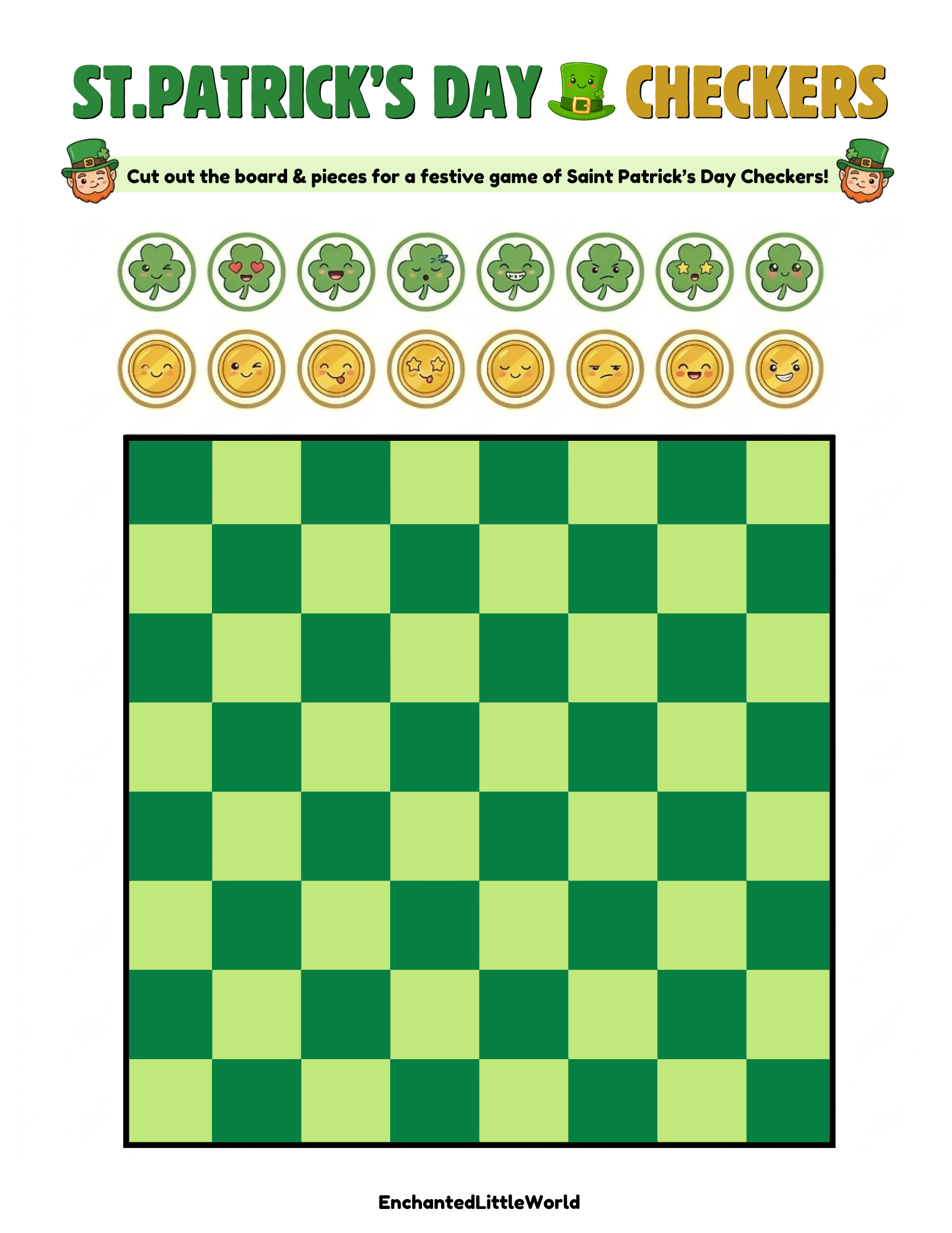 Free-Printable-Saint-Patricks-Day-Games-For-Kids A vibrant St. Patrick's Day-themed scavenger hunt printable for kids, featuring illustrations of a leprechaun, clovers, and various elements like coins and rainbows, with a green border and festive design.