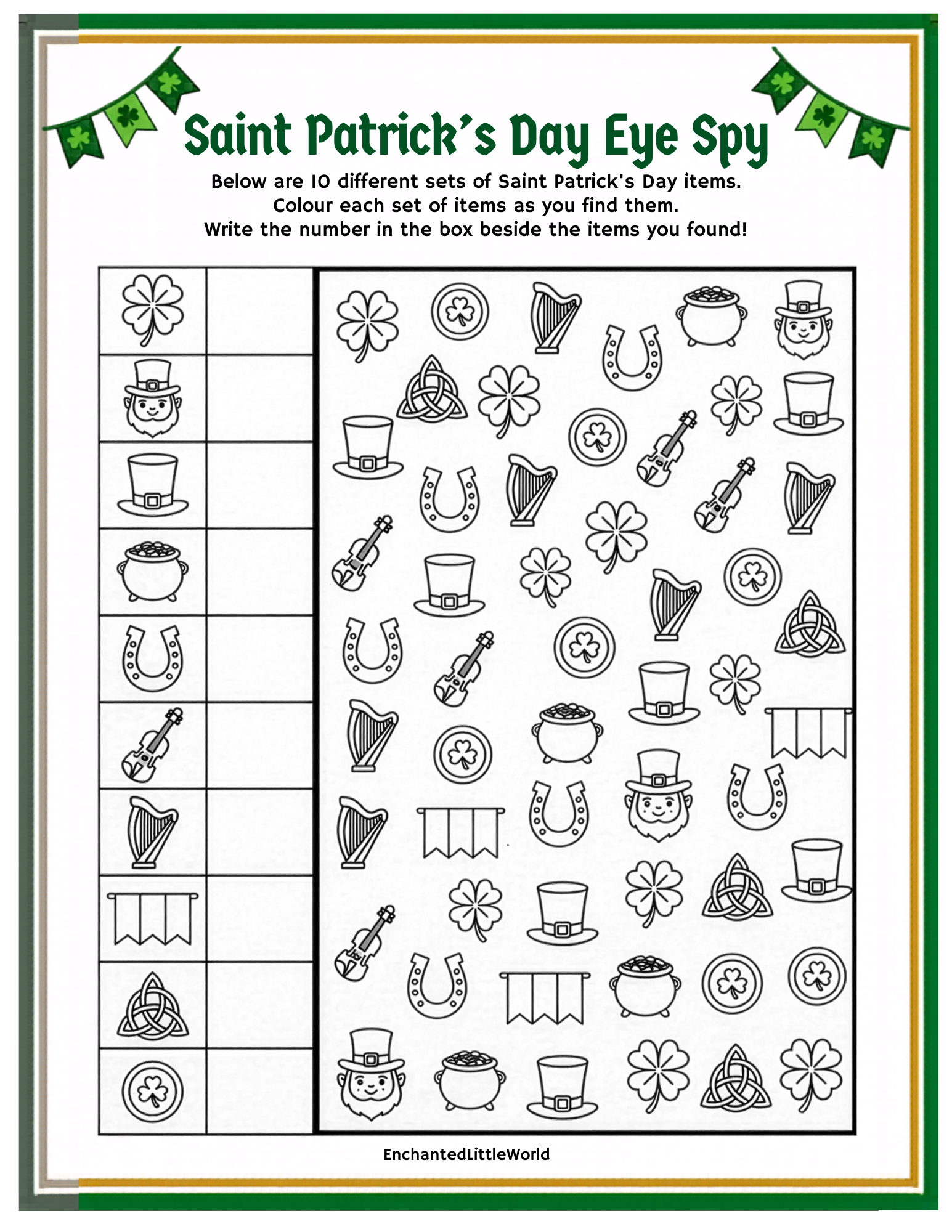 free-saint-patricks-day-eye-spy-printable A vibrant St. Patrick's Day-themed scavenger hunt printable for kids, featuring illustrations of a leprechaun, clovers, and various elements like coins and rainbows, with a green border and festive design.