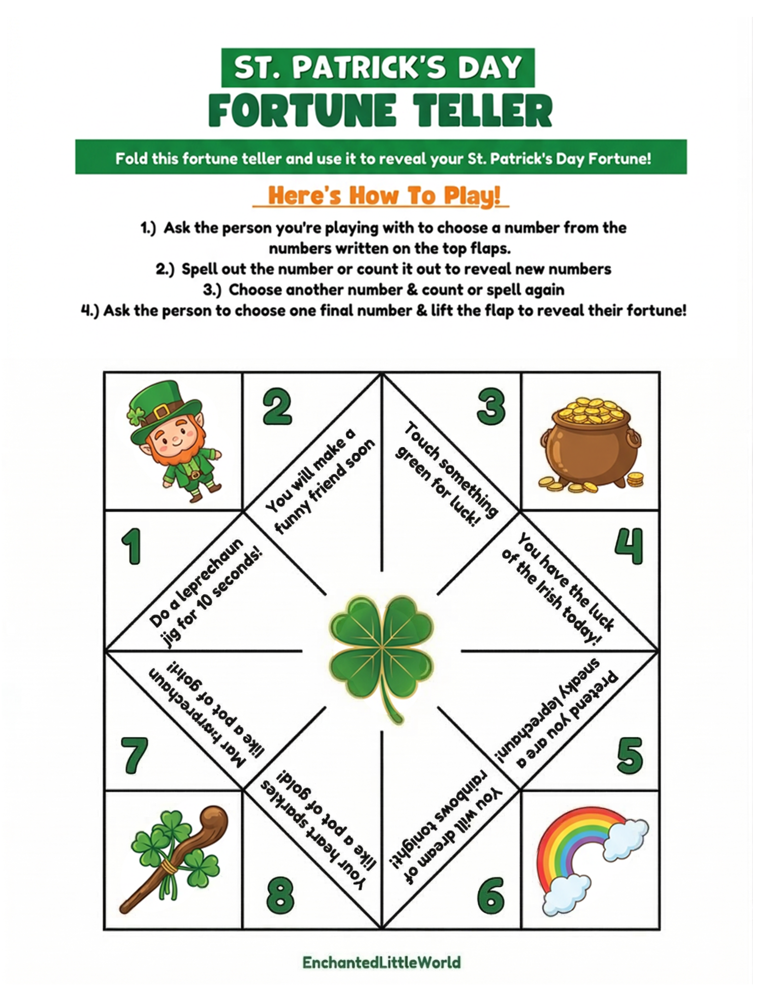 free-saint-patricks-day-fortune-teller-for-kids A vibrant St. Patrick's Day-themed scavenger hunt printable for kids, featuring illustrations of a leprechaun, clovers, and various elements like coins and rainbows, with a green border and festive design.