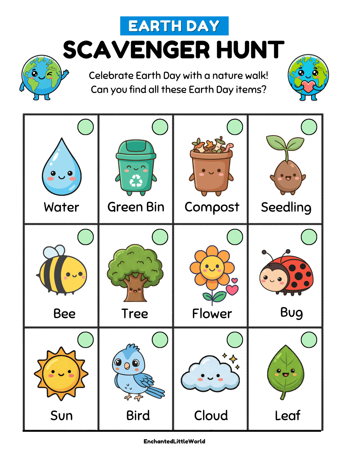Earth-day-nature-walk-checklist β’ Enchanted Little World A free printable Earth Day scavenger hunt titled "Earth Day Scavenger Hunt" featuring twelve colorful icons including water, a green bin, flowers, and bees.