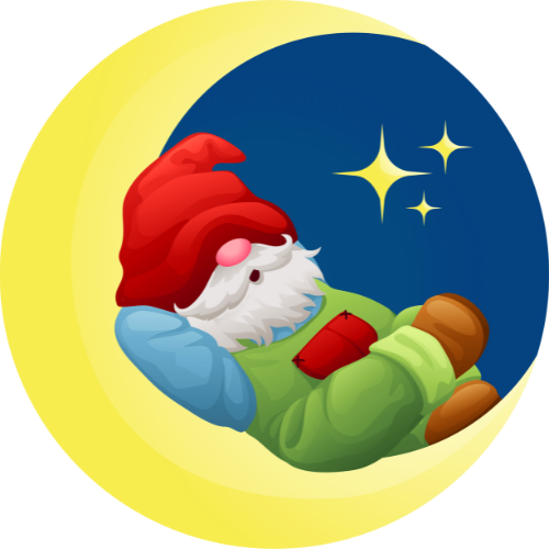 a cute cartoon gnome with a red hat and green overalls sleeping in a crescent moon with a blue background and twinkling yellow stars. Logo for Enchanted Little World