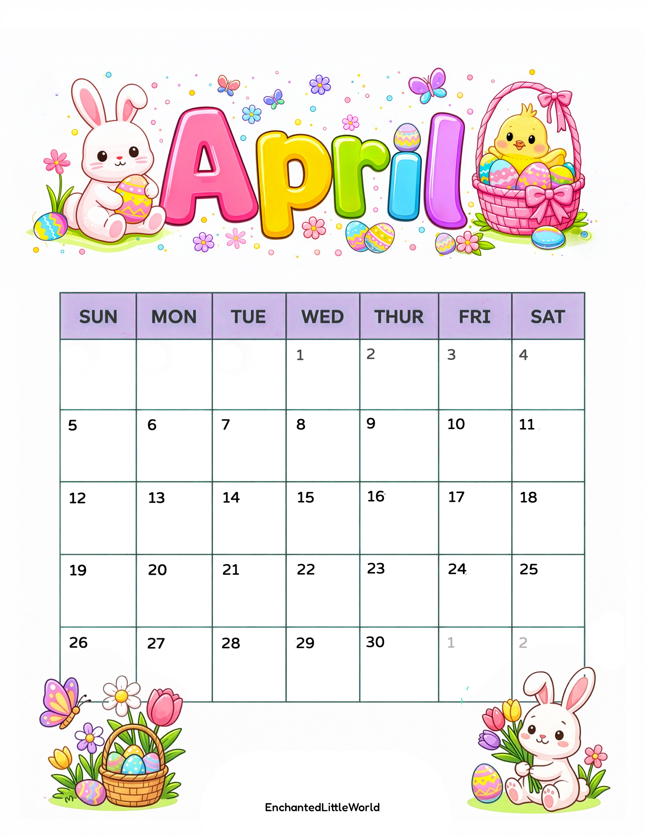 Free-Blank-April-Calendar-For-Kids Free blank April 2026 calendar for kids printable featuring a clean monthly layout with empty date boxes and cute Easter bunny chick and spring decorations