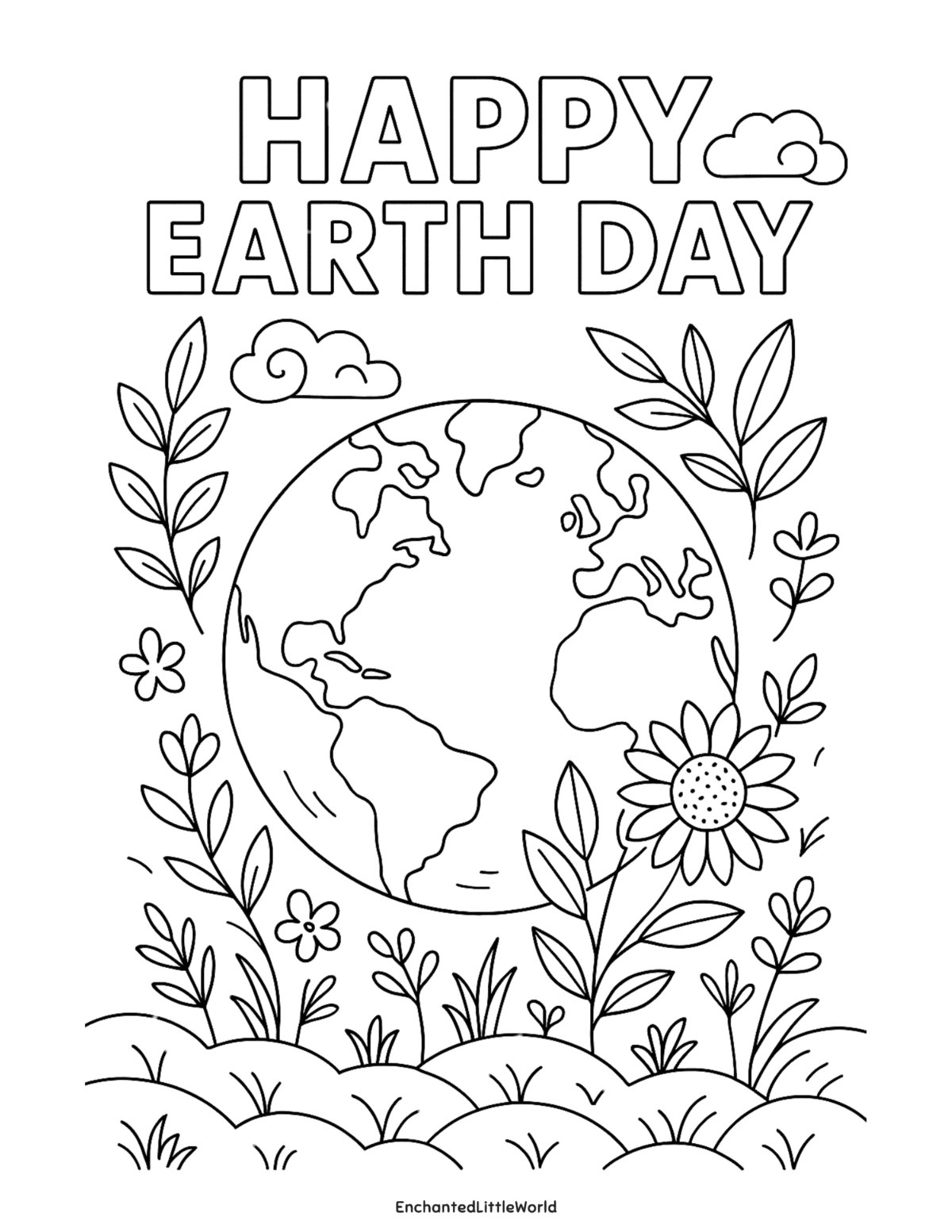 Free-Earth-Day-Coloring-Page β’ Enchanted Little World Vertical image showing a Free Earth Day printable coloring page with βHappy Earth Dayβ text above a globe surrounded by plants, flowers, clouds, and simple nature elements in a detailed black and white coloring design