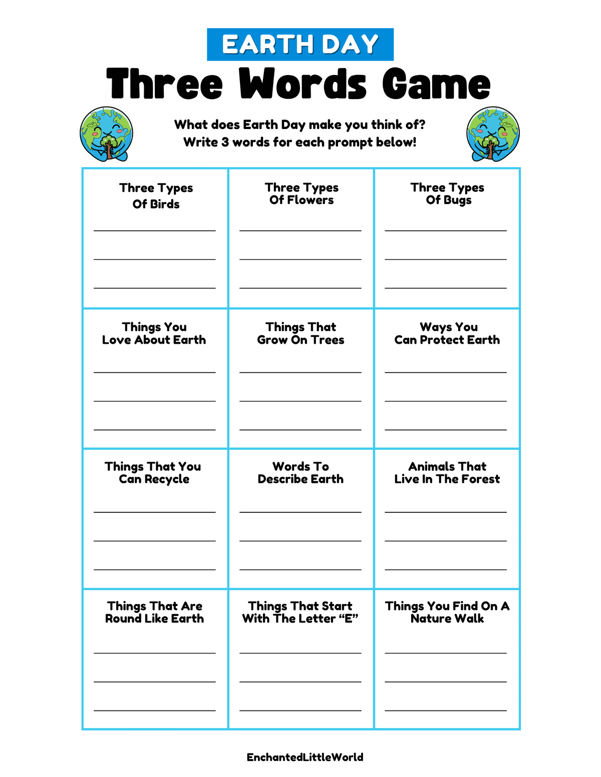 free-Earth-Day-worksheet-for-kids-three-words-game β’ Enchanted Little World Printable Earth Day sentence-writing worksheet with five cute icons (water drop, recycling bin, Earth, seedling, sun) and numbered lines for students to write sentences about each image.
