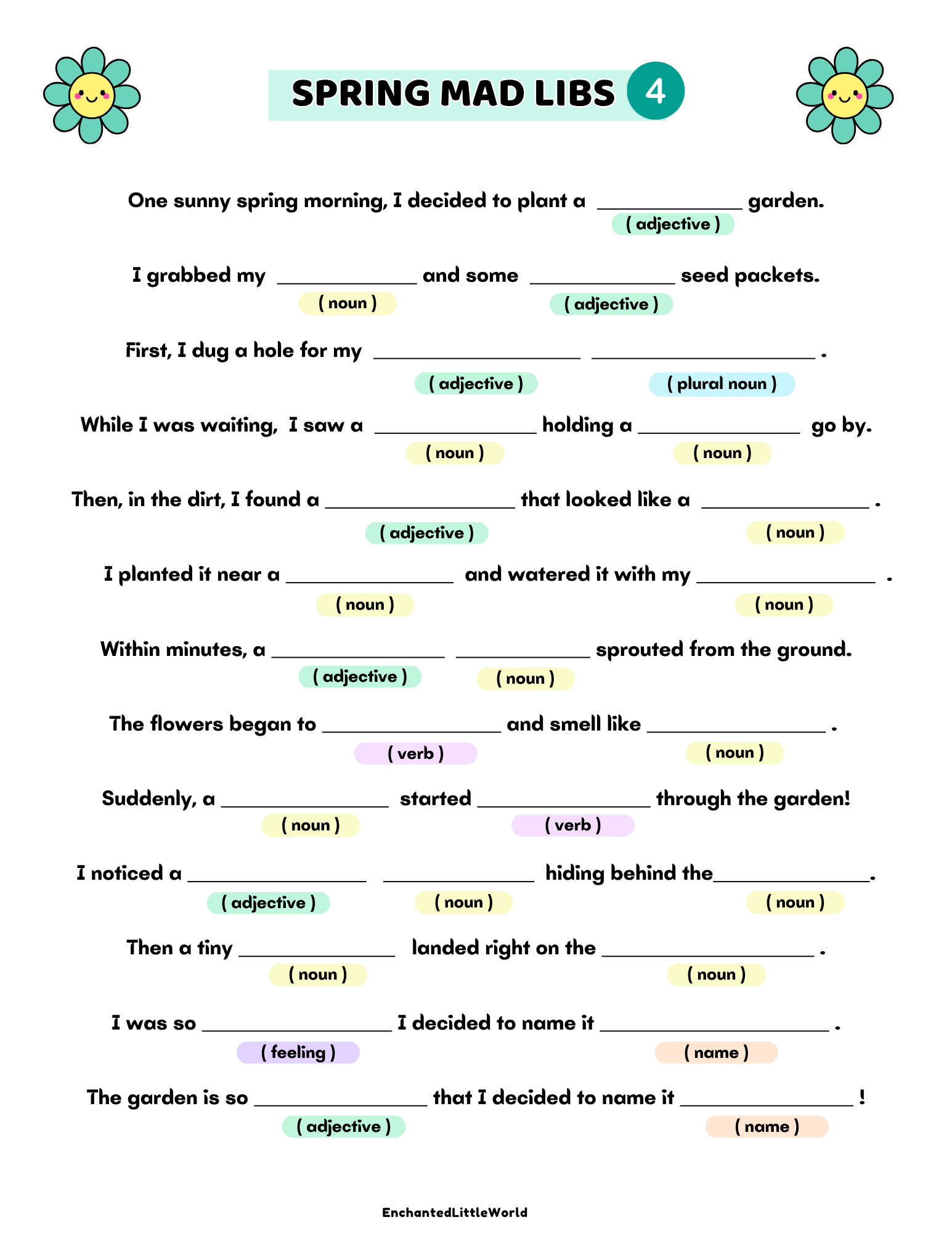 free-spring-mad-libs-for-kids-4 free printable spring Mad Libs worksheet for kids featuring a garden themed story with fill in the blank prompts for adjectives nouns verbs and feelings designed for creative storytelling in a spring planting scene
