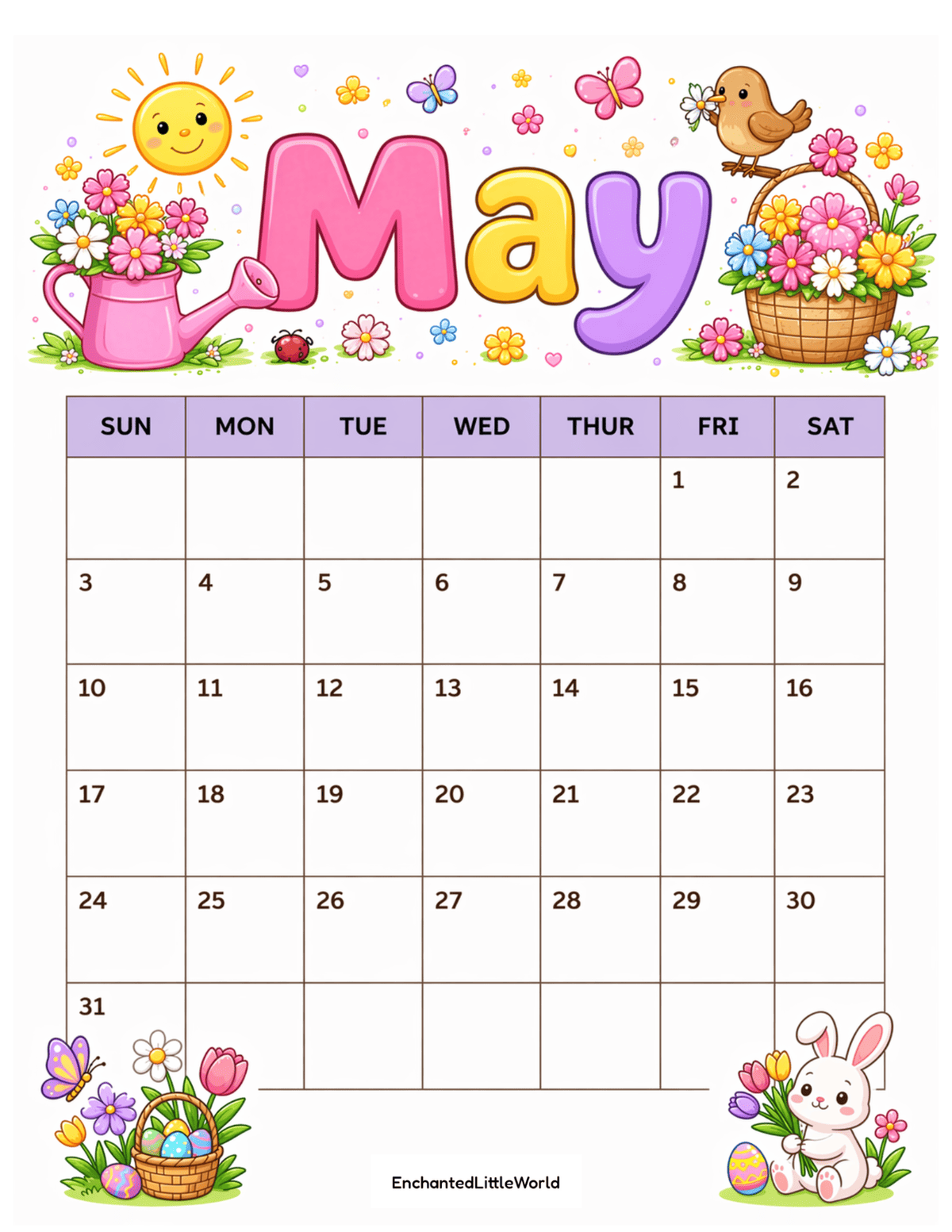 Free-Blank-May-Calendar-For-Kids β’ Enchanted Little World Free blank April 2026 calendar for kids printable featuring a clean monthly layout with empty date boxes and cute Easter bunny chick and spring decorations