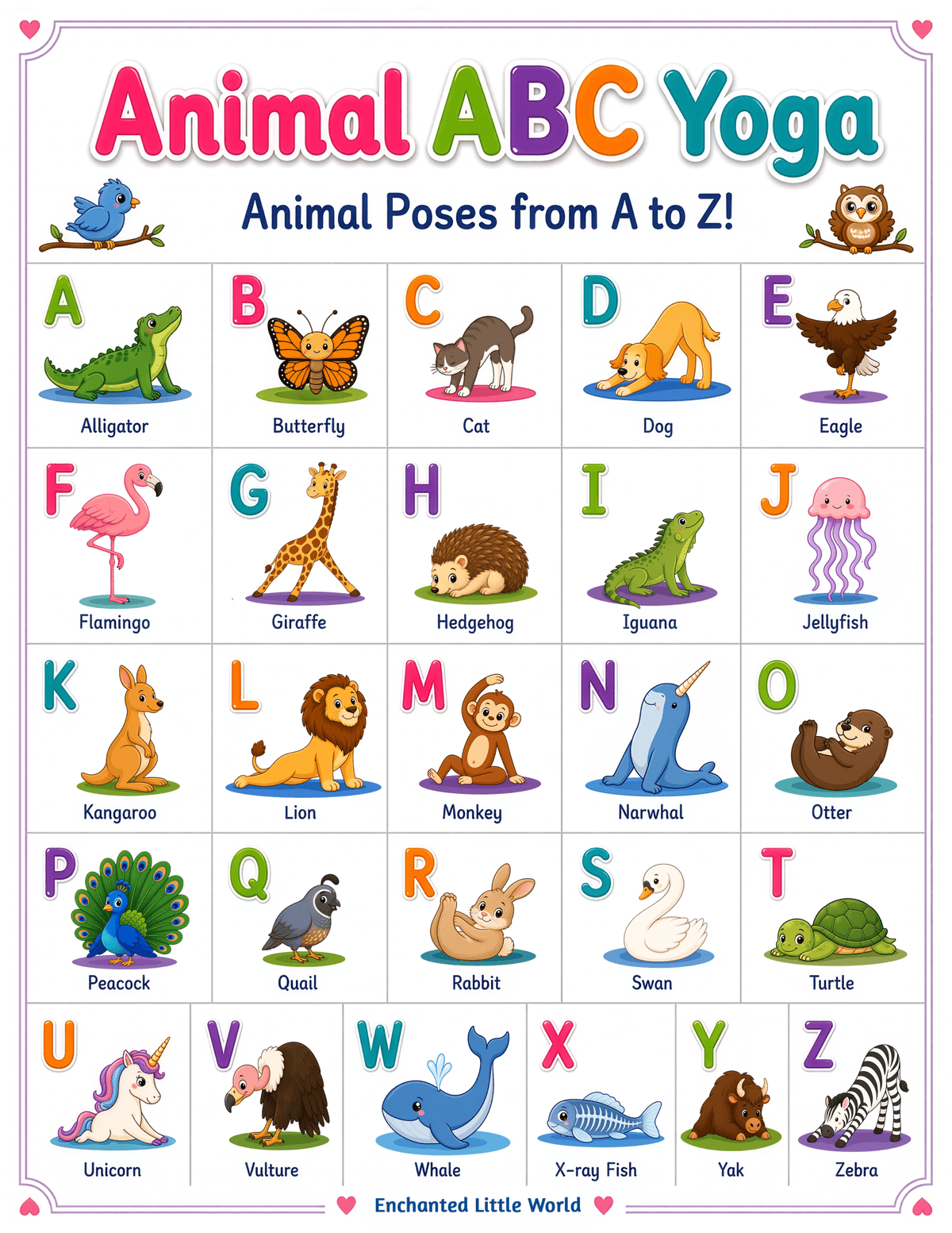 Animal-Yoga-Poster-For-Kids β’ Enchanted Little World Animal ABC Yoga chart showing rows of illustrated animals like a flamingo, kangaroo, and lion stretching on this free printable yoga poster for kids.