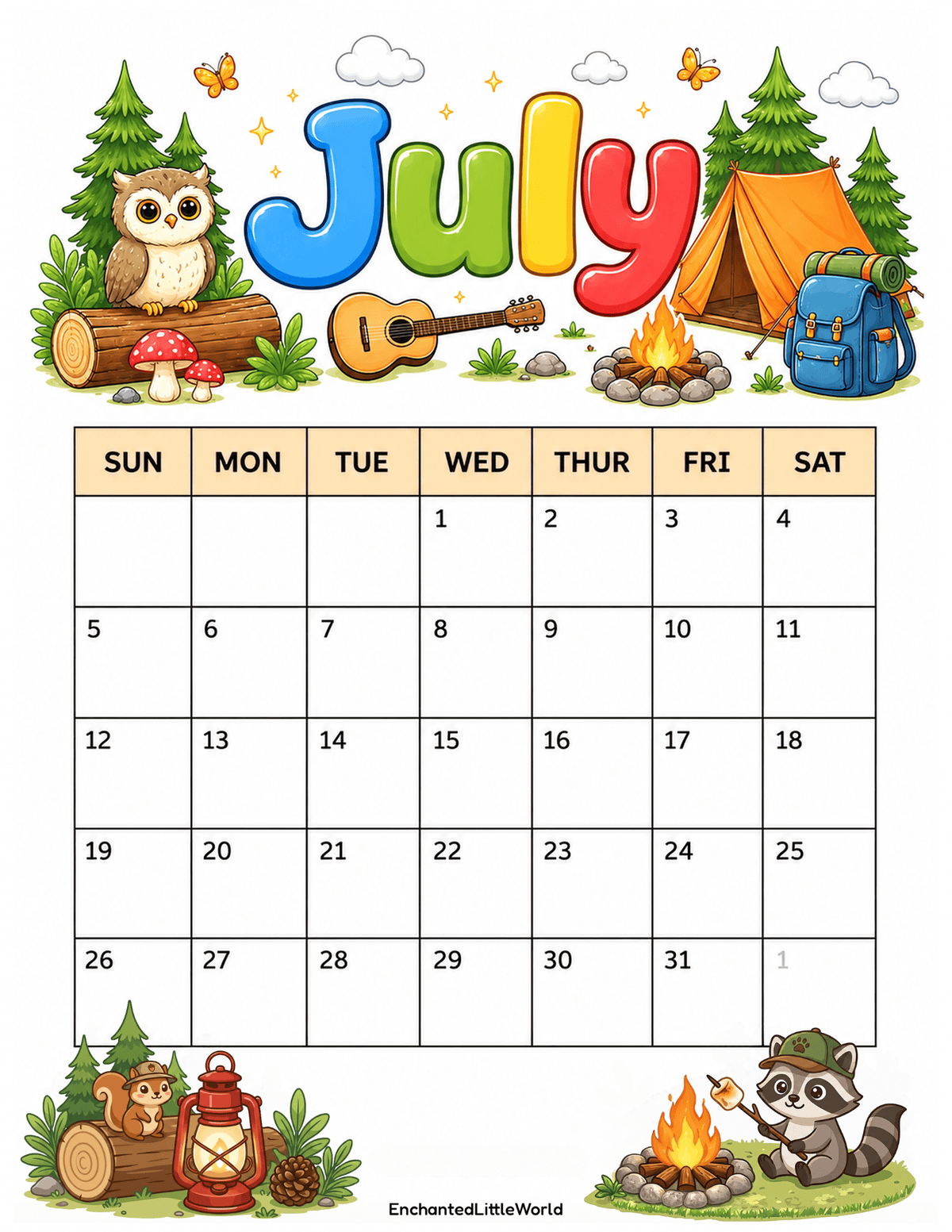 Free-Printable-Blank-2026-July-Calendar-For-Kids • Enchanted Little World July calendar page with a camping scene (owl on log, tent, campfire, backpack) above a grid of dates.