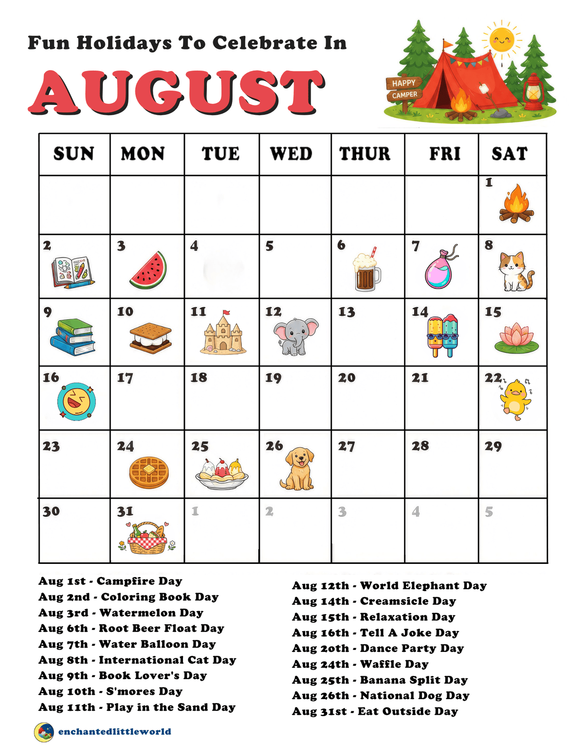 free-2026-August-holidays-calendar-for-kids • Enchanted Little World Colorful August calendar with daily icon stickers (campfire, watermelon, books, cat, elephant, popsicles, waffles, etc.) and a camping illustration in the corner.