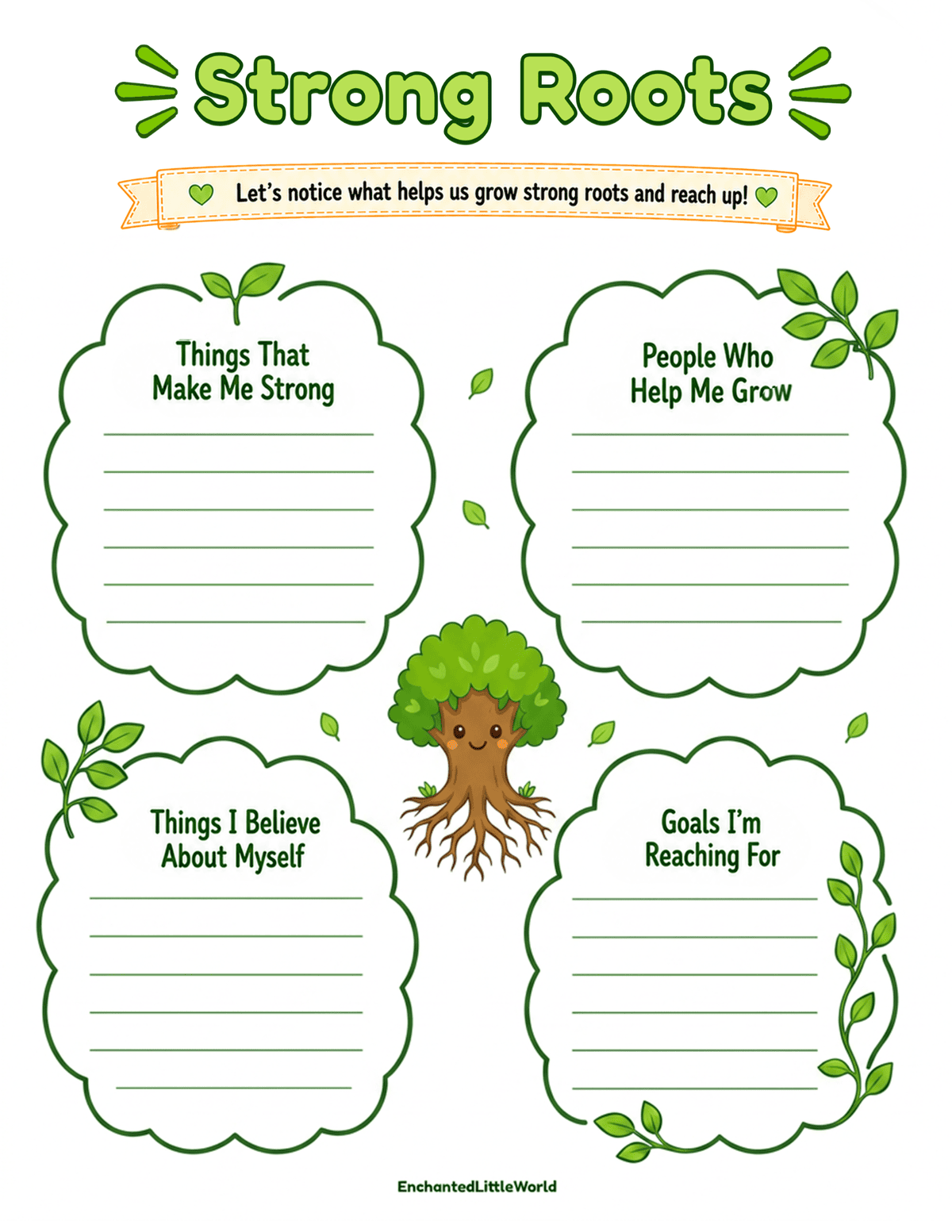 free-SEL-worksheet-for-kids-12 β’ Enchanted Little World Illustrated poster 'Strong Roots' with four cloud-shaped prompts about personal growth and support networks.