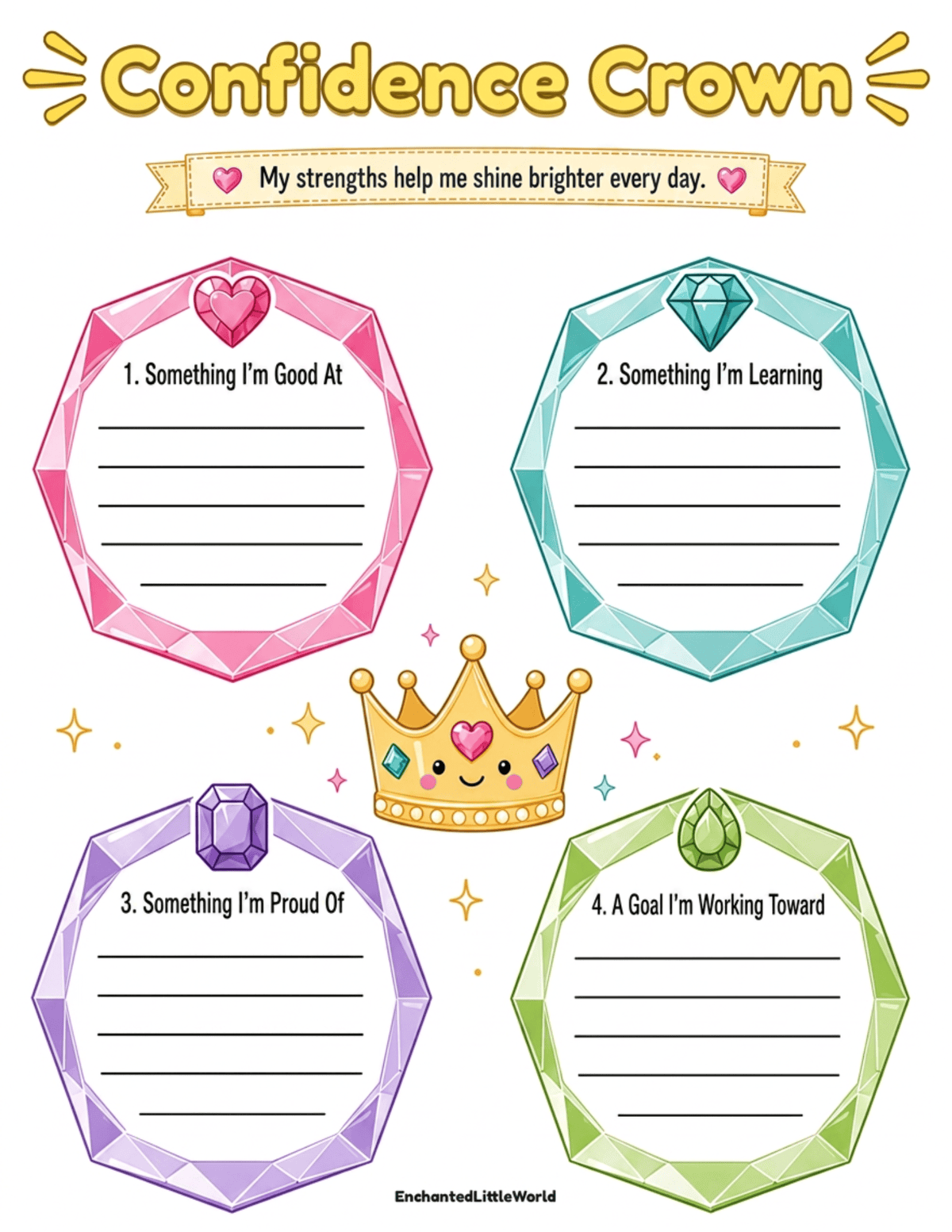 free-SEL-worksheet-for-kids-9 β’ Enchanted Little World Colorful poster titled Confidence Crown with four gem frames to list strengths, learning, pride, and goals for kids.