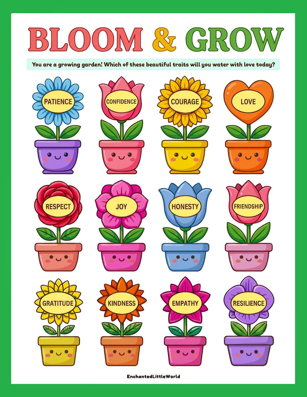 free-grow-positivity-poster-for-kids • Enchanted Little World free printable SEL worksheet showing four blank flowers for kids to write about things they feel, things that help them grow, and things they can let go of.