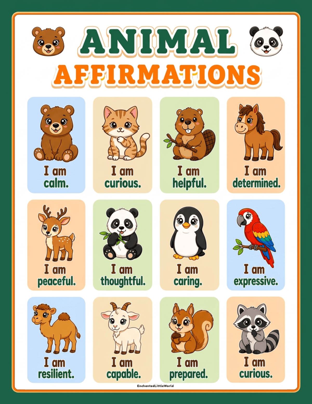 free-positive-affirmations-for-kids-animals-2 β’ Enchanted Little World free printable positive Animal Affirmations showing 12 pastel cards with cute animals and positive statements like 'I am brave' and 'I am gentle'.