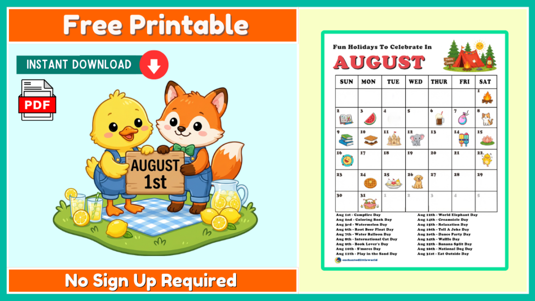 Free August 2026 Fun Holidays Calendar