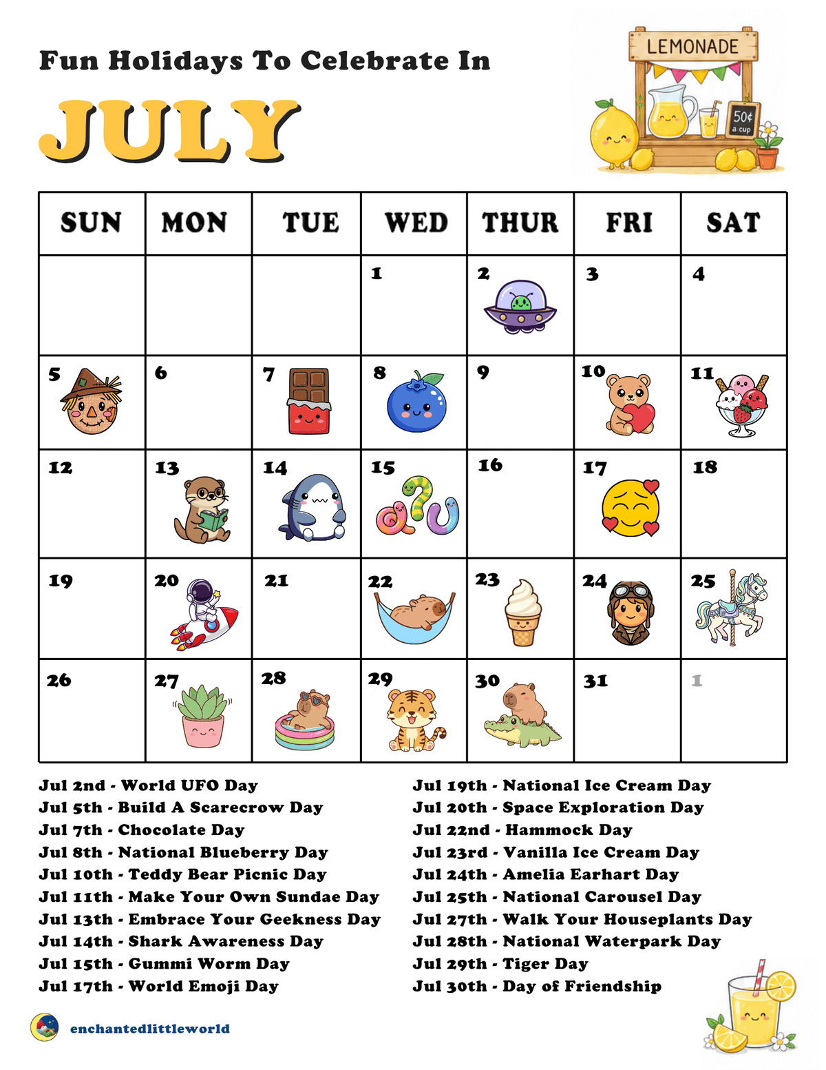 free-printable-July-fun-holidays-calendar-for-kids β’ Enchanted Little World July calendar page with daily sticker icons (fruit, animals, treats) and a list of fun July holidays beneath.