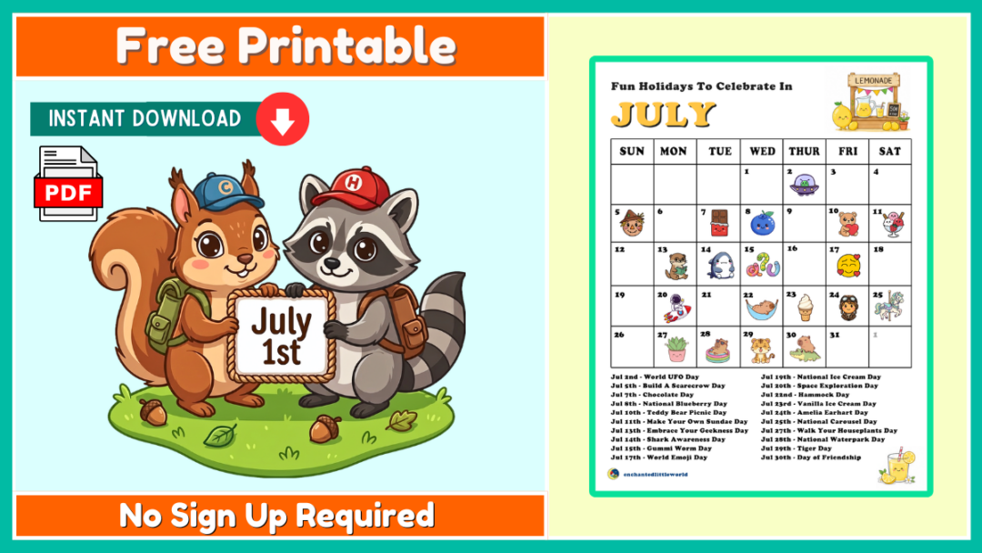 Free July Fun Holidays Calendar For Kids