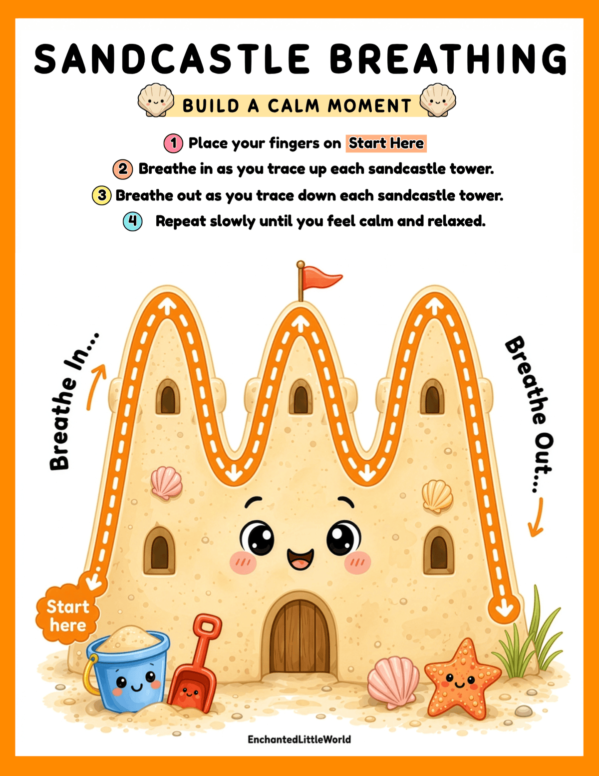 free-sandcastle-breathing-exercise-for-kids β’ Enchanted Little World Colorful kids' poster of a four-step mountain breathing exercise with sun, bird, cloud and mountains.