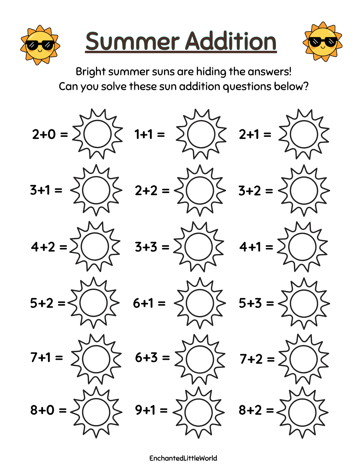 free-summmer-addition-worksheet-for-kids • Enchanted Little World Beach-themed Summer Word Tracing worksheet with cartoon animals, yellow banner, and 16 tracing words like ocean, waves, bucket, shovel, dolphins, seagulls, starfish, seashells.