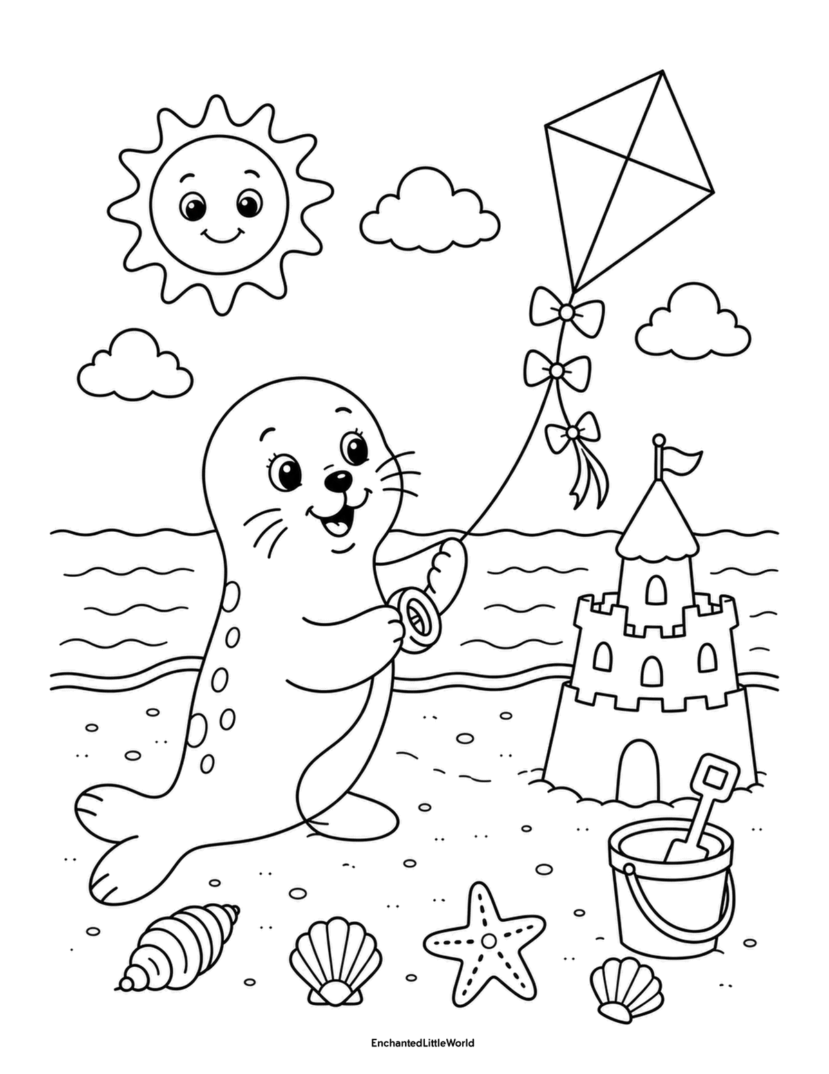 cute-beach-coloring-page-for-kids-1 • Enchanted Little World Cute seal flying a kite beside a sandcastle, bucket, seashells, starfish, clouds, and smiling sun at the beach.