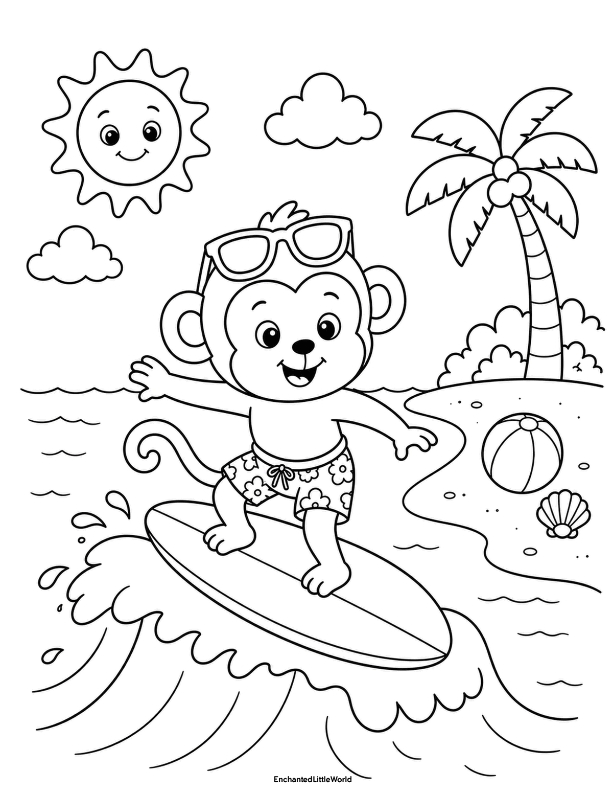 cute-beach-coloring-page-for-kids-2 • Enchanted Little World Cute monkey surfing on an ocean wave with a palm tree, beach ball, seashell, clouds, and smiling sun.