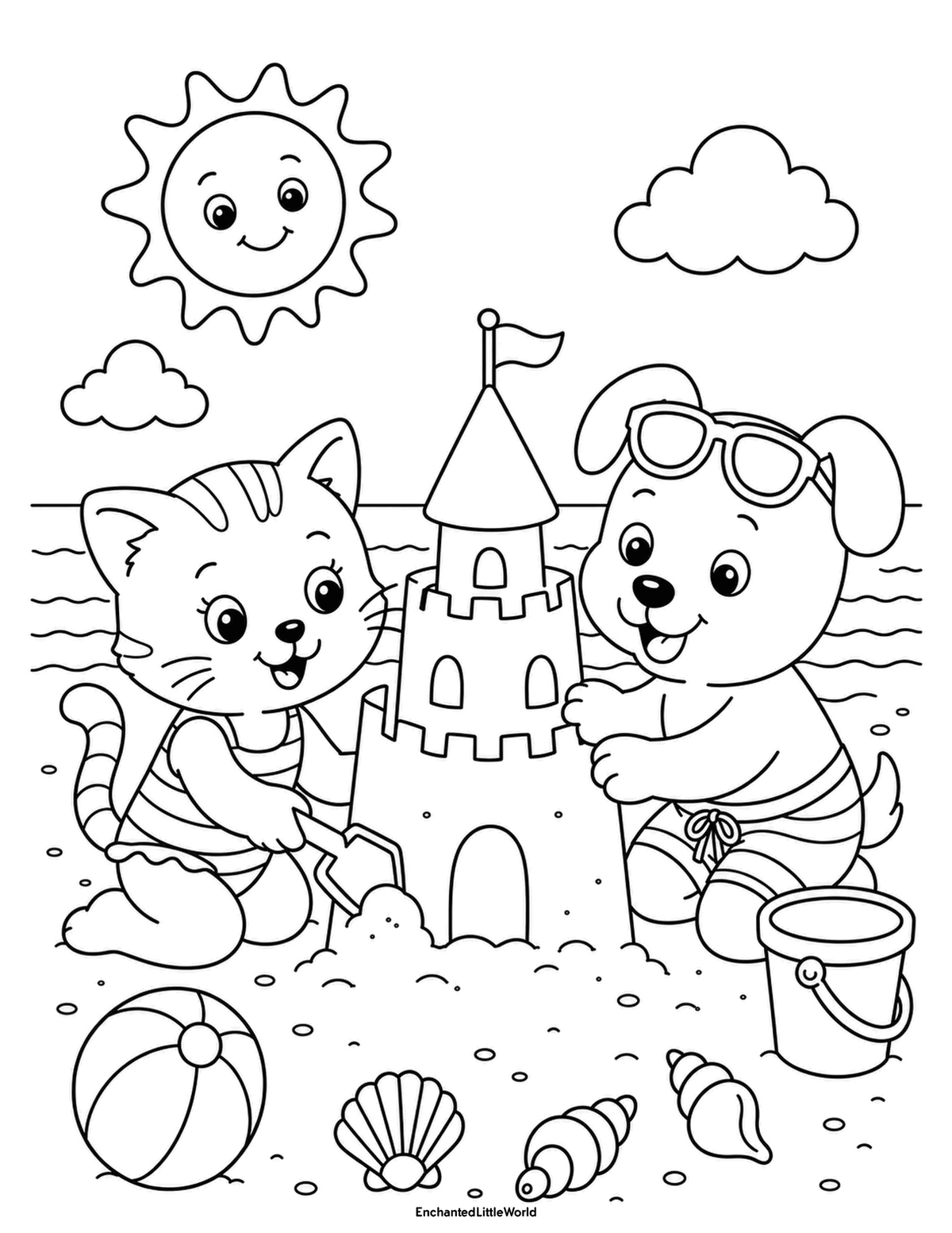 cute-beach-coloring-page-for-kids-3 • Enchanted Little World Cute cat and dog building a large sandcastle together with a beach ball, bucket, shells, and sunny ocean background.