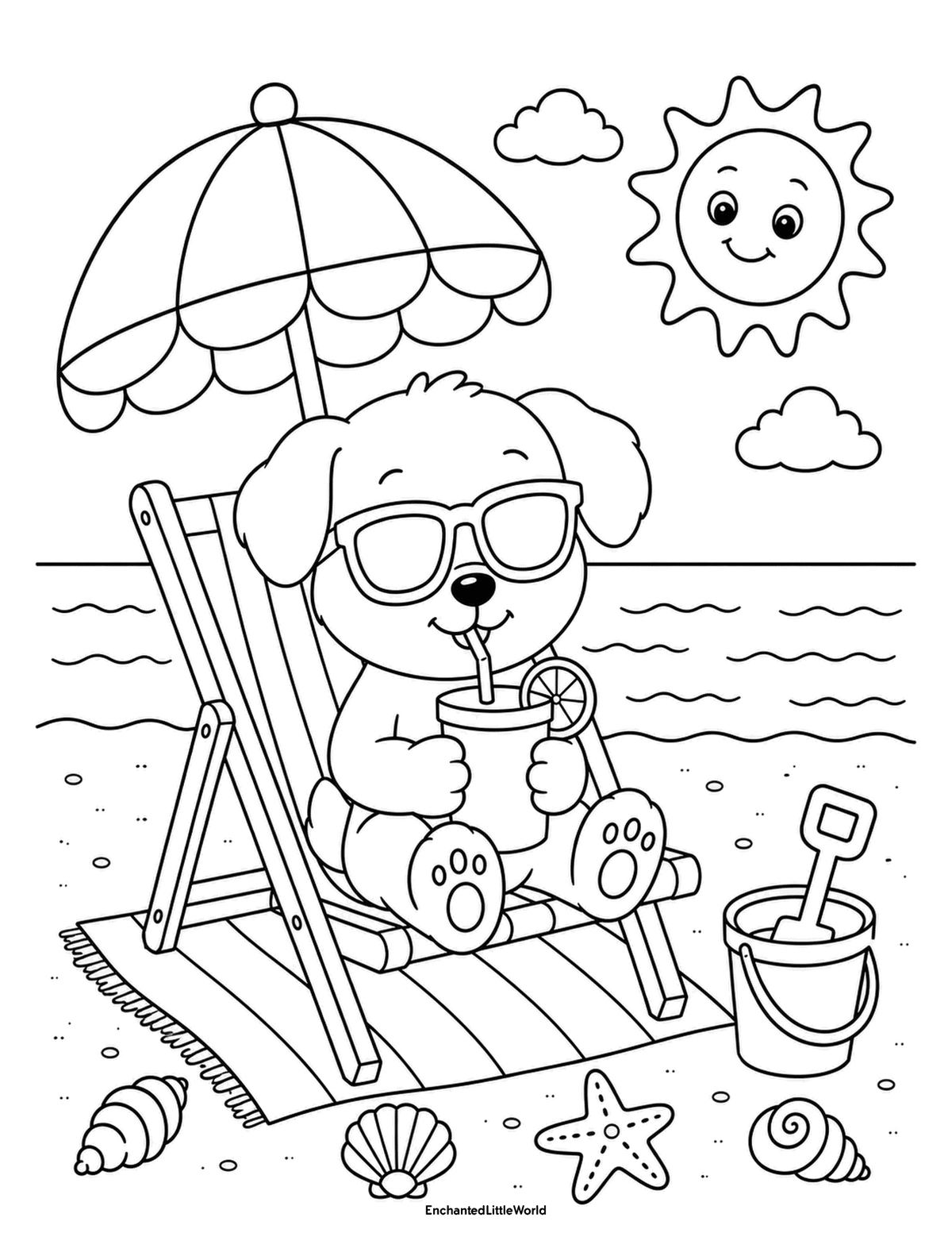 cute-beach-coloring-page-for-kids-4 • Enchanted Little World Cute dog wearing sunglasses and relaxing in a beach chair with a drink, umbrella, bucket, shells, and starfish.