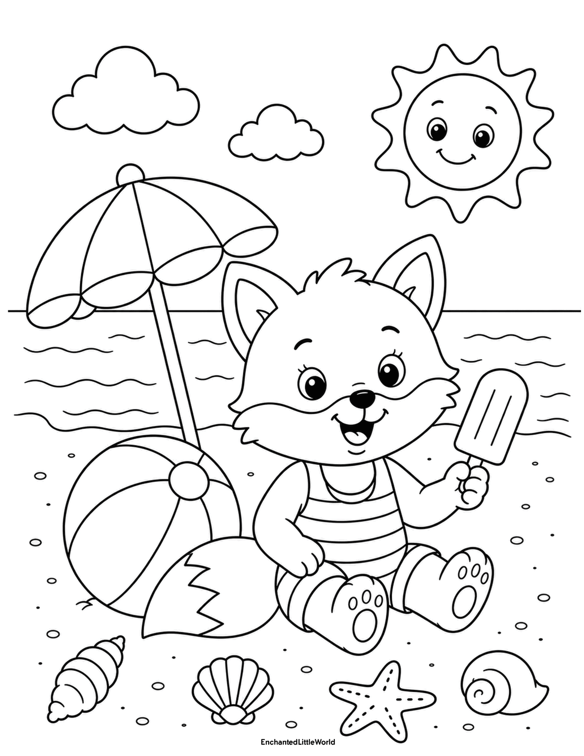 cute-beach-coloring-page-for-kids-5 • Enchanted Little World Cute fox holding a popsicle at the beach beside an umbrella, beach ball, seashells, starfish, and smiling sun.