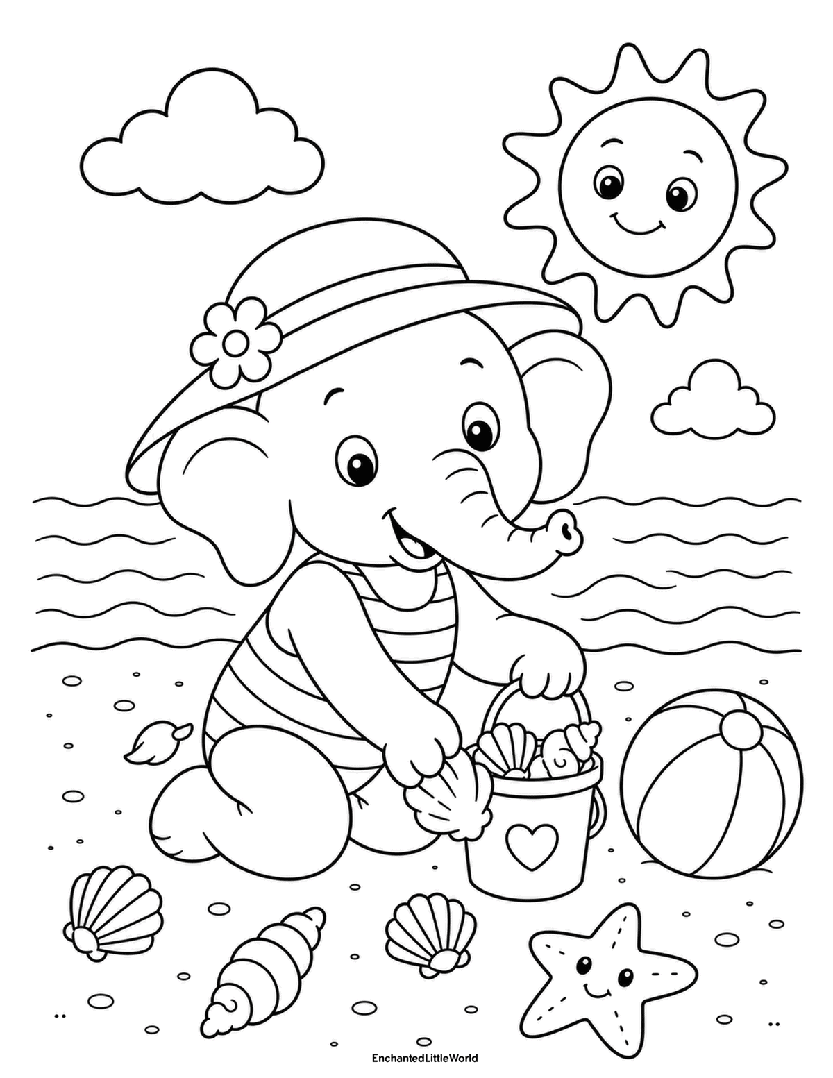 cute-beach-coloring-page-for-kids-6 • Enchanted Little World Cute elephant collecting seashells in a bucket at the beach with a beach ball, starfish, clouds, and smiling sun.
