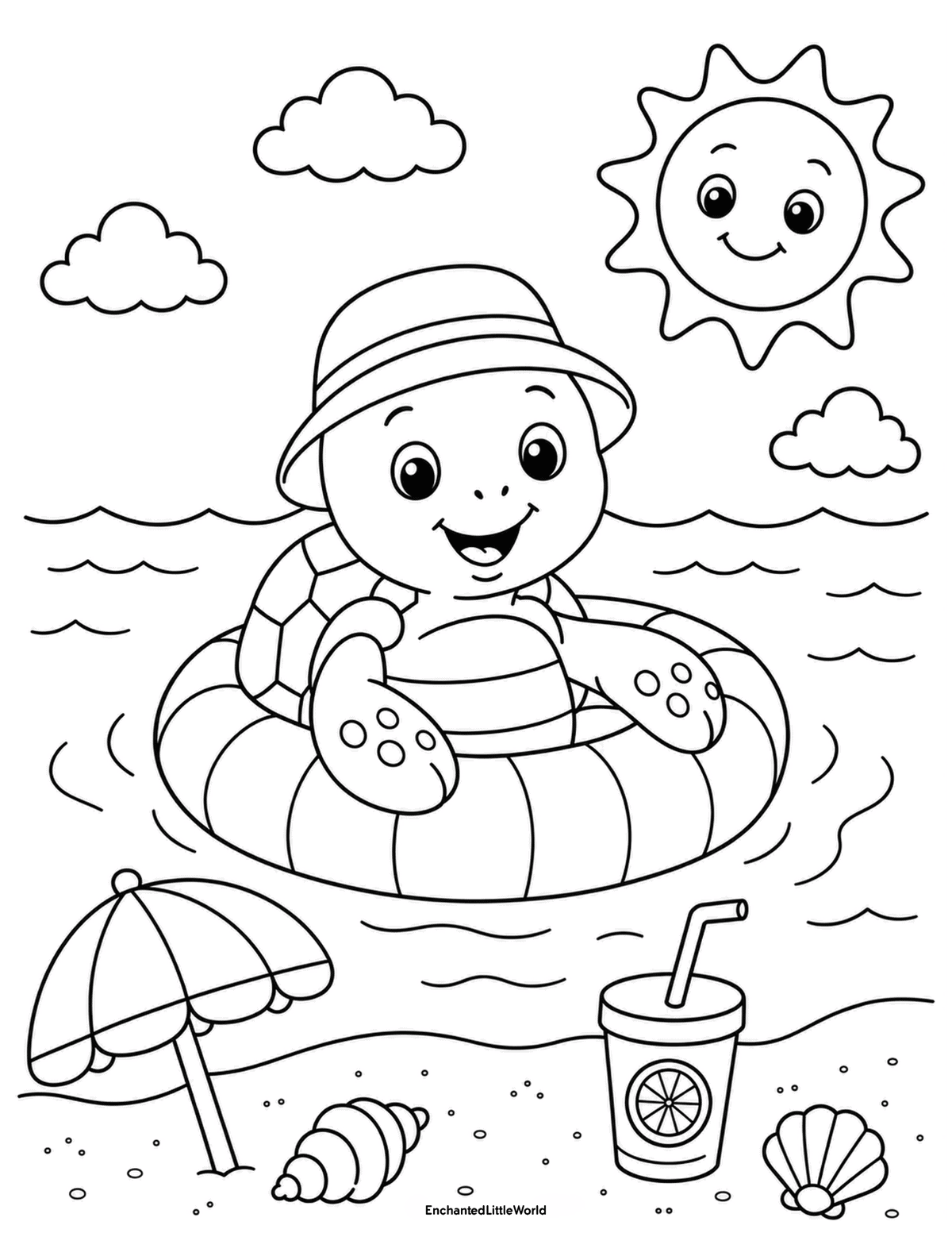 cute-beach-coloring-page-for-kids-7 • Enchanted Little World Cute turtle floating in an inner tube in the ocean with a beach umbrella, drink, shells, clouds, and smiling sun.