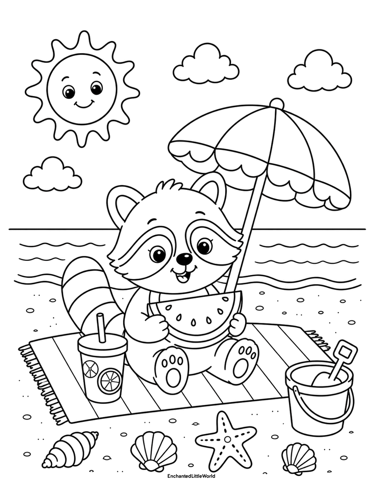cute-beach-coloring-page-for-kids-8 • Enchanted Little World Cute raccoon eating watermelon on a beach mat with an umbrella, drink, bucket, seashells, starfish, and sunny ocean background.